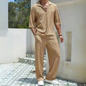 Men's Khaki Johnny Collar Half Sleeve Top & Pants Resort Outfit